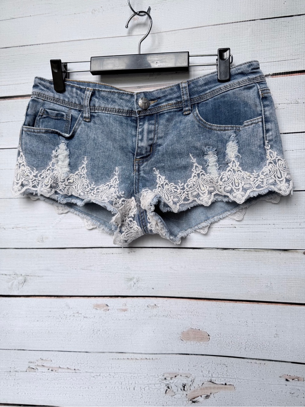 Almost Famous Light Blue Denim Shorts with White Lace Trim